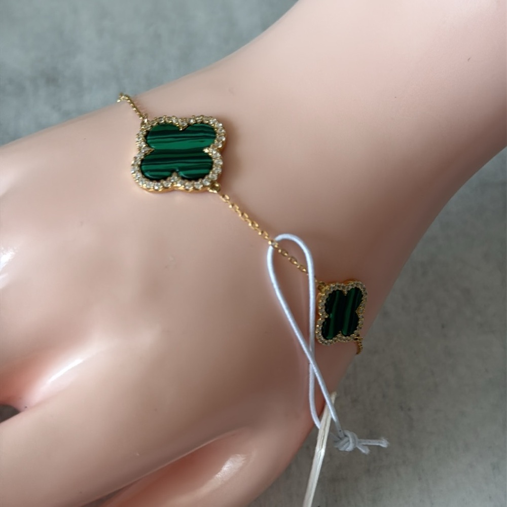 Rachel Zoe 925 Sterling Silver 18K Gold Plated Green Malachite 3 Clover Bracelet